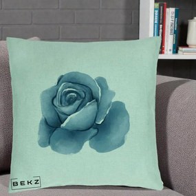 Perna Decorativa Trandafir Albastru Acuarela, 40x40 cm, Verde Menta, Husa Detasabila, Perna Inclusa, BEKZ®