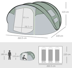 Outsunny Cort de Camping Pop Up pentru 2 Persoane cu 2 Uși, 4 Ferestre și Înveliș Impermeabil, 263.5x220x123 cm, Verde | Aosom Romania