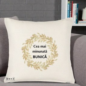 Cadou pentru Bunica - Perna Personalizata Cea Mai Minunata Bunica Coronita Frunze Acuarela, 40x40 cm, Crem Reliefat, Husa Detasabila, Perna Inclusa, BEKZ®