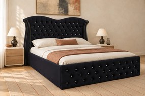 Pat tapițat Chesterfield Avella 140×200 cm, negru, cu ladă de depozitare