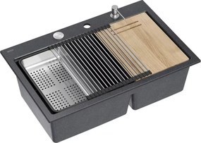 Statie de lucru incastrata Quadron Unique Marc 120 negru diamant - inox 2 cuve 76x50 cm
