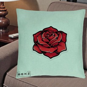 Perna Decorativa Trandafir Rosu Tattoo, 40x40 cm, Verde Menta, Husa Detasabila, Perna Inclusa, BEKZ®