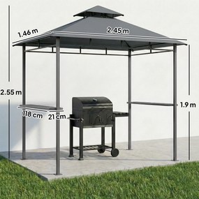 Outsunny Pavilion pentru grătar 2,4 x 1,4 m, Copertină pentru grătar rezistentă la vânt cu acoperiș dublu și orificiu de ventilare, rafturi laterale | Aosom Romania