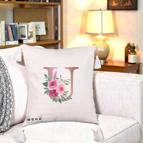 Cadou Personalizat - Perna Personalizata Monograma Rose Gold Litera U, 40x40 cm, Bej cu Franjuri, Husa Detasabila, Perna Inclusa, BEKZ®