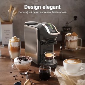 La mâna a doua: Espressor 8in1 Oliver Voltz OV51171K8R, 1450W, 0.8 L, 5 adaptoare, 19 bar, Cafea macinata si capsule, Negru/Argentiu