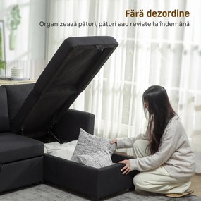 HOMCOM Canapea Extensibilă cu 3 Locuri și Șezlong Convertibil, Canapea de Colț Pliabilă cu Compartiment de Depozitare și 3 Perne Detașabile, Material Textil cu Efect de In, Living, 192x148x86cm, Gri Închis | Aosom Romania