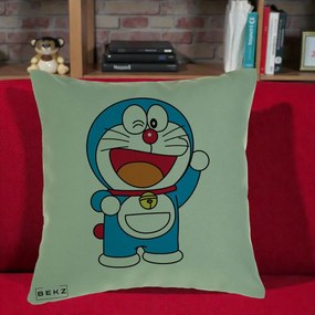 Perna Personalizata Doraemon Salutand, 40x40 cm, Verde, Husa Detasabila, Perna Inclusa, BEKZ®