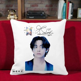 Perna Personalizata K-pop BTS V Taehyung Portret cu Autograf, 40x40 cm, Alba Mata, Husa Detasabila, Perna Inclusa, BEKZ®