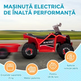 HOMCOM Quad Electric pentru Copii cu Remorcă, Pedală, Mers Înainte și Înapoi, 2,5 km/h, 18-36 Luni, Roșu | Aosom Romania