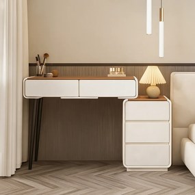 Set EMILY, Masă de toaletă pentru machiaj cu oglindă iluminată LED, în trei culori, intensitate reglabilă, control touch, comoda, taburet, 80 cm, Alb