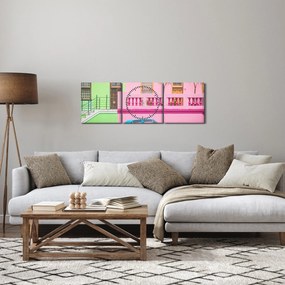Tablou cu mașina - casele colorate (cu ceas) (90x30 cm)