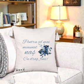 Cadou pentru Nas - Perna Personalizata Pentru Cel mai Minunat Nas Cu drag Finii, 40x40 cm, Bej cu Franjuri, Husa Detasabila, Perna Inclusa, BEKZ®