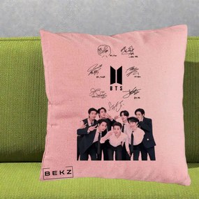 Perna Personalizata K-pop BTS Autografe Toti Membrii cu Fotografie, 40x40 cm, Roz, Husa Detasabila, Perna Inclusa, BEKZ®