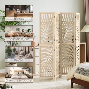 HOMCOM Paravan interior din lemn 4 panouri 160 x 170 cm, pliabil și portabil, model frunză, design detașabil, lemn natural | Aosom Romania