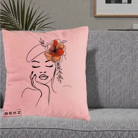 Perna Decorativa Portret Feminin Flori Palarie, 40x40 cm, Roz, Husa Detasabila, Perna Inclusa, BEKZ®