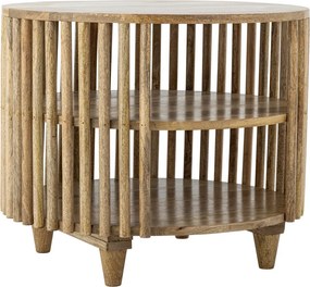 Măsuță de cafea din lemn de mango, rotundă, cu structură din lamele verticale și 2 rafturi inferioare, natur, finisaj lăcuit, 60×50 cm, „Sali"