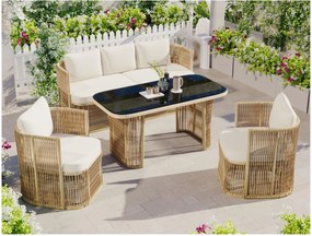 Set mobilier de grădină din PE‑rattan, 5 piese, canapea 3 locuri, 2 fotolii și masă cu blat din sticlă, Bej+Negru+Alb