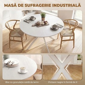 HOMCOM Masă rotundă de dining, stil industrial, cu picioare în cruce din oțel, Ø120x75 cm, albă | Aosom Romania