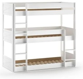Pat supraetajat triplu pentru copii SCOTT, alb, 90 x 200 cm, din pin scandinav masiv, cu 3 spații de dormit – Vipack