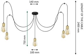 Lustră pe cablu TUBE LONG 5xE27/15W/230V negru/auriu