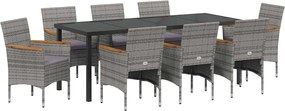 vidaXL Set de masă pentru grădină cu pernă 9 pcs Gri poliratan