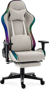 Scaun Gaming cu Masaj 7 Puncte și Încălzire, RGB, Iluminare LED Multicolor, Telecomenzi, Cotiere 3D, Reclinare 180°, Suport Picioare, Catifea, Gri