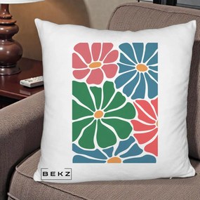 Perna Decorativa Flori Grafice Verde-Roz-Albastru, 40x40 cm, Alb Pufos, Husa Detasabila, Perna Inclusa, BEKZ®