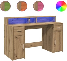 vidaXL Birou cu lumini LED stejar artizanal 140x55x91cm lemn prelucrat
