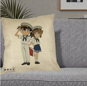 Perna Personalizata Detective Conan Conan si Ai Sailor, 40x40 cm, Crem, Husa Detasabila, Perna Inclusa, BEKZ®