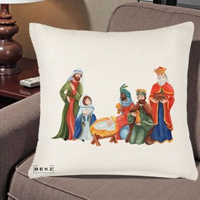 Perna Decorativa Nasterea Domnului Cei Trei Magi Acuarela, 40x40 cm, Crem Reliefat, Husa Detasabila, Perna Inclusa, BEKZ®