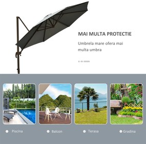 Outsunny Umbrel de Gradină cu Manivelă cu Înclinare Reglabilă, Umbrelă cu Braț și Stinghii, Ø2.95x2.5 m, Gri | Aosom Romania