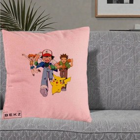 Perna Personalizata Pokemon Ash Misty Brock si Pikachu, 40x40 cm, Roz, Husa Detasabila, Perna Inclusa, BEKZ®