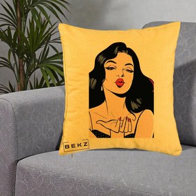 Perna Decorativa Femeie Pop-Art Kiss, 40x40 cm, Galben, Husa Detasabila, Perna Inclusa, BEKZ®
