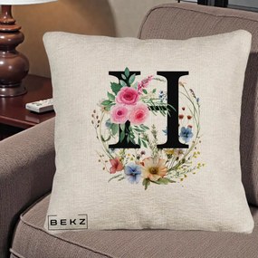 Cadou Personalizat - Perna Personalizata Monogram Litera H cu Flori Acuarela, 40x40 cm, Bej Canapea, Husa Detasabila, Perna Inclusa, BEKZ®