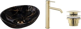 Set lavoar Sofia marble negru + baterie inalta Lungo auriu + dop universal auriu