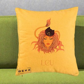 Perna Personalizata Zodie Leu, 40x40 cm, Galben, Husa Detasabila, Perna Inclusa, BEKZ®