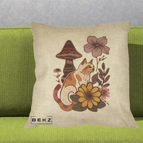 Perna Decorativa Pisica Vintage Florala Boho, 40x40 cm, Crem, Husa Detasabila, Perna Inclusa, BEKZ®