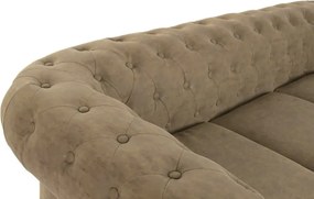 Canapea 3 locuri Chesterfield din piele ecologică maro deschis, cu capitonaj cu nasturi și picioare curbate din lemn, 76 x 196 x 81 cm, „Sir”