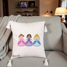 Perna Personalizata Printese Diverse Ilustratie, 40x40 cm, Bej cu Franjuri, Husa Detasabila, Perna Inclusa, BEKZ®