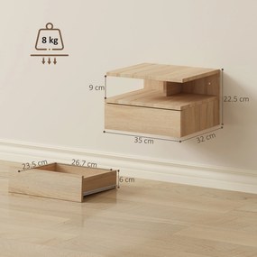 HOMCOM Set de 2 Noptiere Moderne Suspendate pentru Dormitor cu Sertar si Blat  din Lemn 35x32x22.5cm, Stejar | Aosom Romania