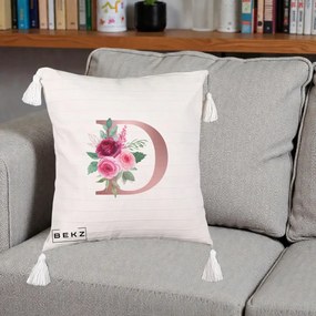 Cadou Personalizat - Perna Personalizata Monograma Rose Gold Litera D, 40x40 cm, Bej cu Franjuri, Husa Detasabila, Perna Inclusa, BEKZ®