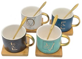 Set 4 Cesti pentru Cafea si Ceai, LOVE, suport bambus si lingurite