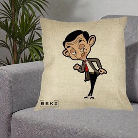 Perna Personalizata Mr. Bean Caricatura, 40x40 cm, Crem, Husa Detasabila, Perna Inclusa, BEKZ®