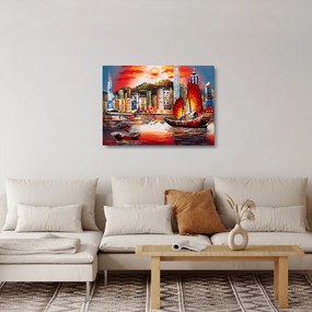 Tablou pe sticlă - Victoria Harbour, Hong Kong, pictură în ulei (70x50 cm)