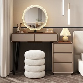 Set EMILY, Masă de toaletă pentru machiaj cu oglindă iluminată LED, în trei culori, intensitate reglabilă, control touch, comoda, taburet, 80 cm, Gri