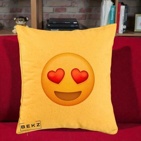 Perna Decorativa Emoji Inimi in Ochi, 40x40 cm, Galben, Husa Detasabila, Perna Inclusa, BEKZ®