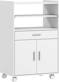 HOMCOM Dulap pentru Cuptorul cu Microunde cu Roți, Bufet de Bucătărie cu Sertar, Blat pentru Electrocasnice, Dulap cu 2 Uși, Raft Glisant și Raft Deschis, Cărucior de Bucătărie pentru Sufragerie, 59x40x92cm, Alb | Aosom Romania