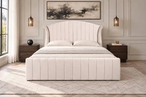 Pat tapițat din catifea Velluto Line 160×200 cm, crem, cu ladă de depozitare