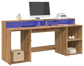 vidaXL Birou cu lumini LED stejar artizanal 200x55x91cm lemn prelucrat