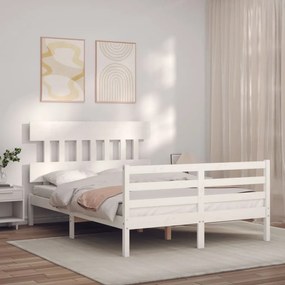 3195132 vidaXL Cadru de pat cu tăblie, dublu, alb, lemn masiv